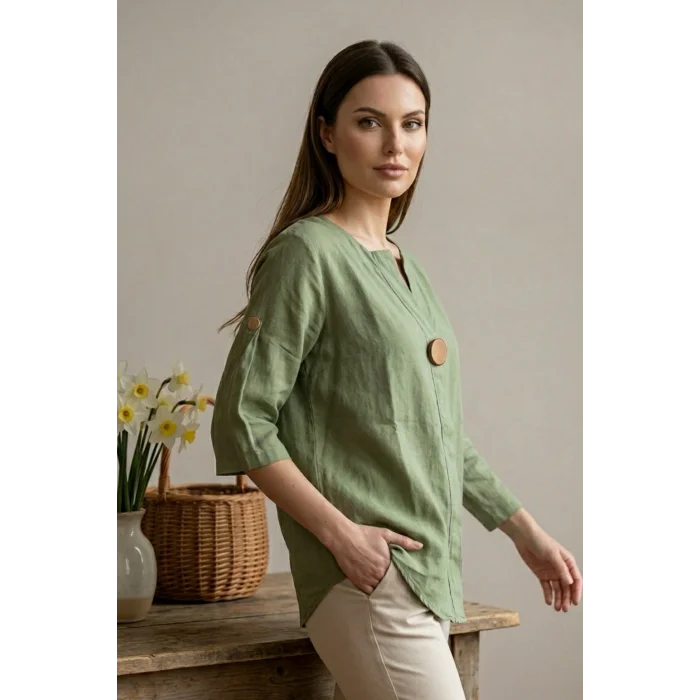 Kadın Haki Yeşil Büyük Beden Büyük Tek Düğmeli Yıkamalı Pamuk Keten Katlamalı Kol Gömlek Bluz
