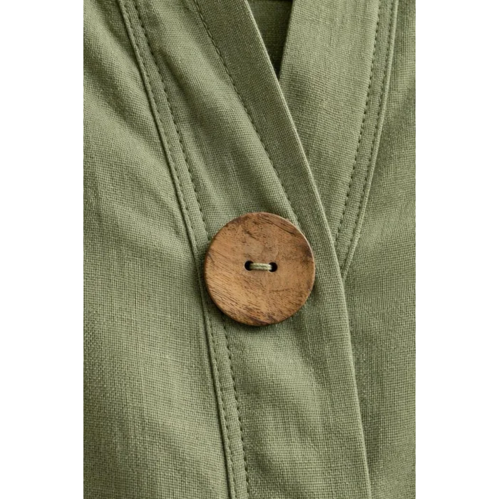 Kadın Haki Yeşil Büyük Beden Büyük Tek Düğmeli Yıkamalı Pamuk Keten Katlamalı Kol Gömlek Bluz