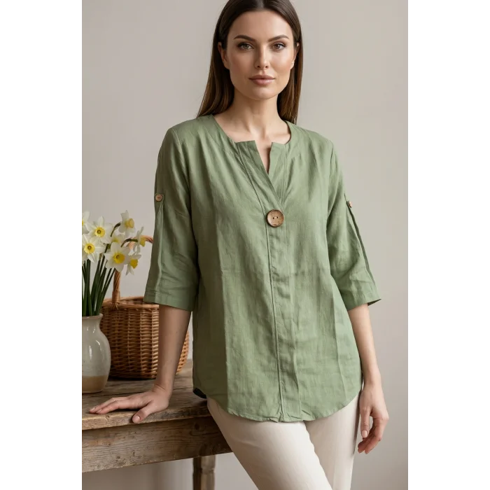 Kadın Haki Yeşil Büyük Beden Büyük Tek Düğmeli Yıkamalı Pamuk Keten Katlamalı Kol Gömlek Bluz