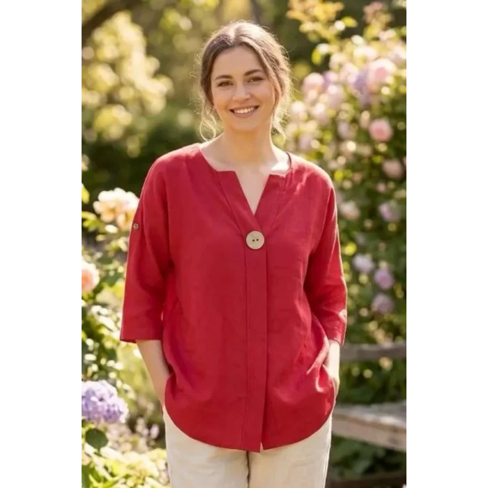 Kadın KIRMIZI  Büyük Beden Büyük Tek Düğmeli Yıkamalı Pamuk Keten Katlamalı Kol Gömlek Bluz
