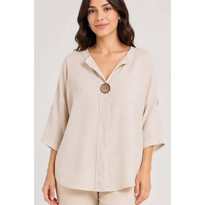 Kadın BEJ Büyük Beden Büyük Tek Düğmeli Yıkamalı Pamuk Keten Katlamalı Kol Gömlek Bluz