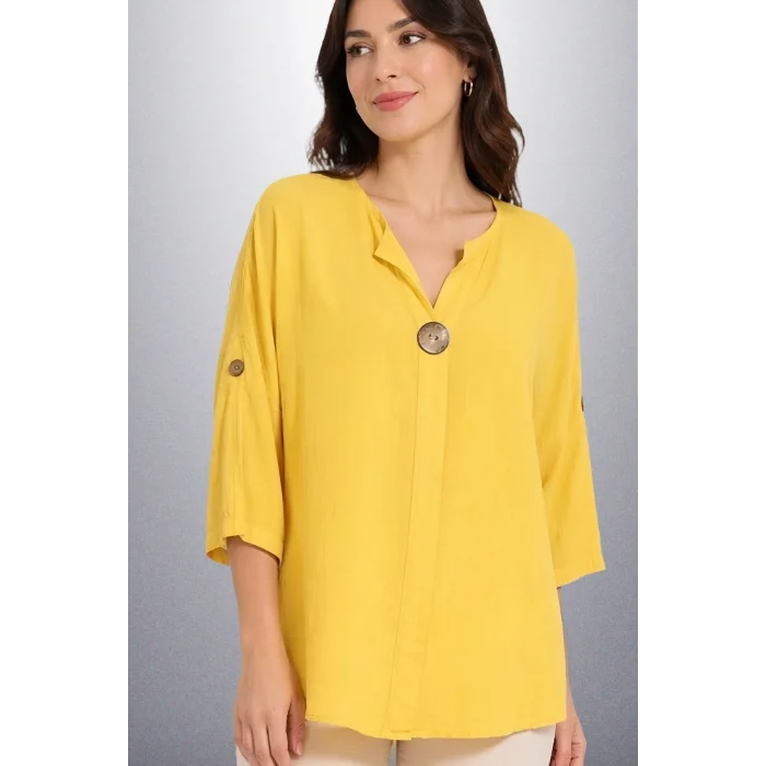 Kadın SARI  Büyük Beden Büyük Tek Düğmeli Yıkamalı Pamuk Keten Katlamalı Kol Gömlek Bluz