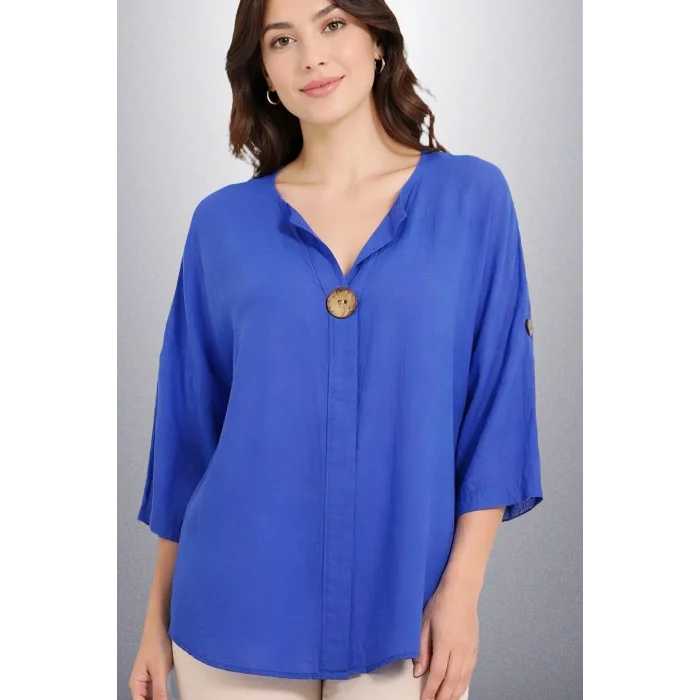 Kadın MAVİ Büyük Beden Büyük Tek Düğmeli Yıkamalı Pamuk Keten Katlamalı Kol Gömlek Bluz