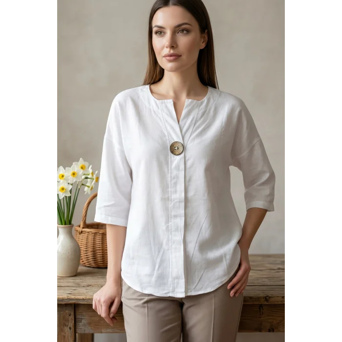 Kadın BEYAZ Büyük Beden Büyük Tek Düğmeli Yıkamalı Pamuk Keten Katlamalı Kol Gömlek Bluz