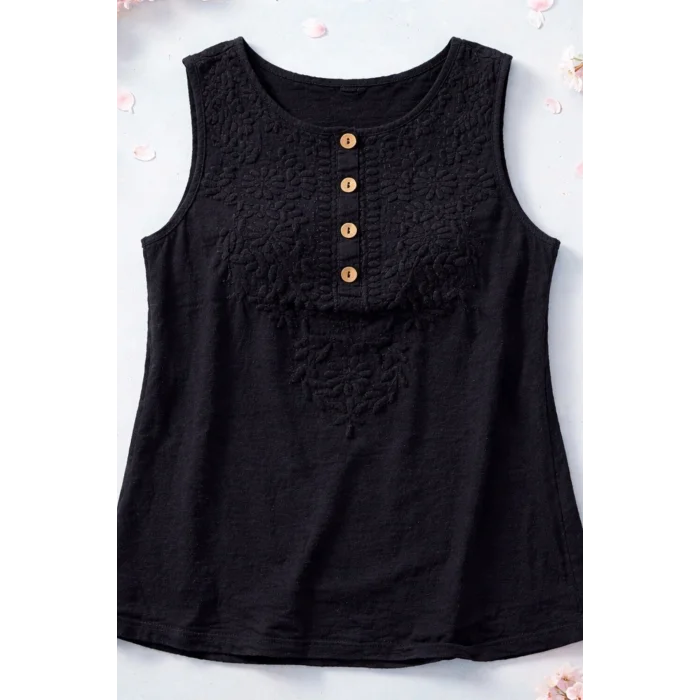 Kadın Siyah Yaka Nakış Detaylı Pamuk Keten Kalın Askılı Bluz