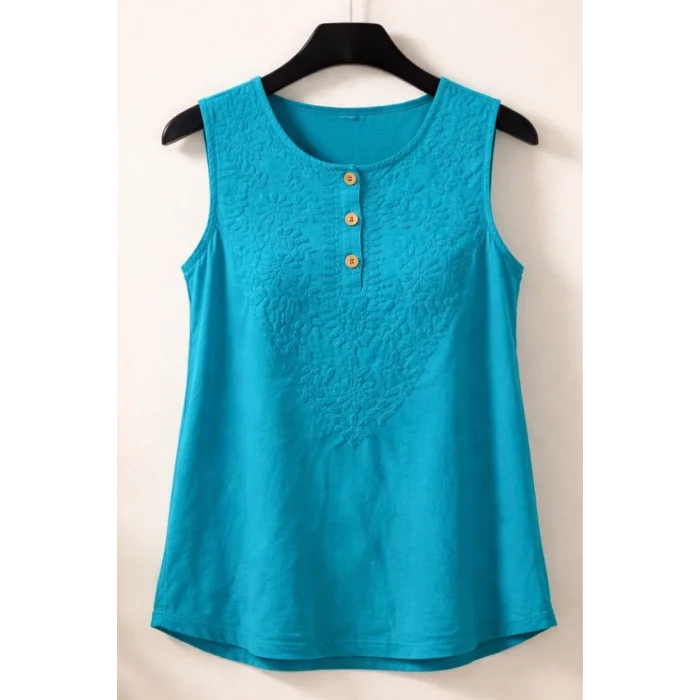 Kadın TURKUAZ Yaka Nakış Detaylı Pamuk Keten Kalın Askılı Bluz