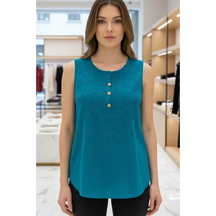 Kadın TURKUAZ Yaka Nakış Detaylı Pamuk Keten Kalın Askılı Bluz