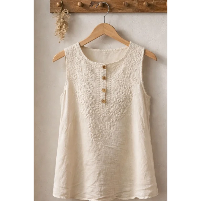 Kadın BEJ  Yaka Nakış Detaylı Pamuk Keten Kalın Askılı Bluz