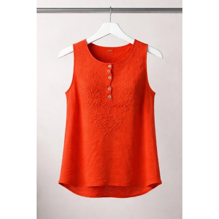 Kadın TURUNCU  Yaka Nakış Detaylı Pamuk Keten Kalın Askılı Bluz