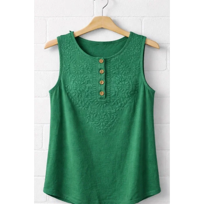 Kadın YEŞİL  Yaka Nakış Detaylı Pamuk Keten Kalın Askılı Bluz