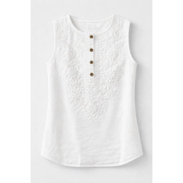 Kadın BEYAZ Yaka Nakış Detaylı Pamuk Keten Kalın Askılı Bluz