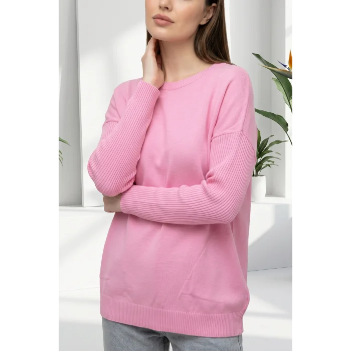Kadın Açık Pembe Bisiklet Yaka Yandan Cepli Likralı Yumuşak Dokulu İnce Tiriko Kazak
