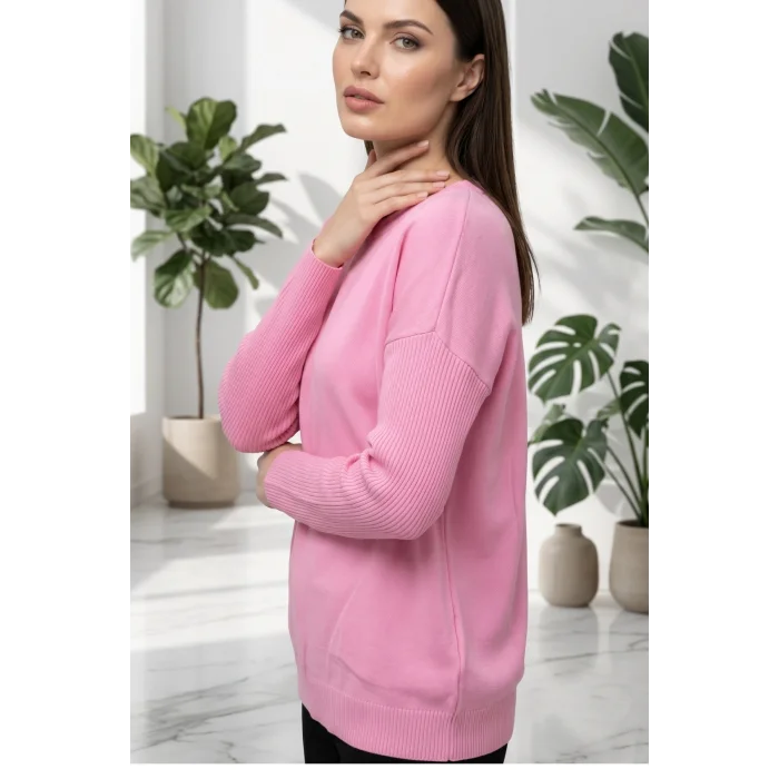 Kadın Açık Pembe Bisiklet Yaka Yandan Cepli Likralı Yumuşak Dokulu İnce Tiriko Kazak