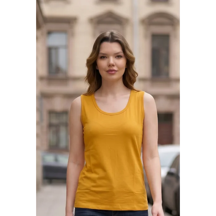 Kadın SARI U Yaka Kalın Askılı Likralı Pamuk Viskon Penye Bluz.