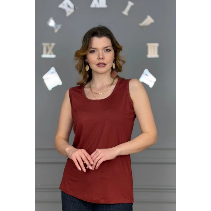Kadın KİREMİT U Yaka Kalın Askılı Likralı Pamuk Viskon Penye Bluz.