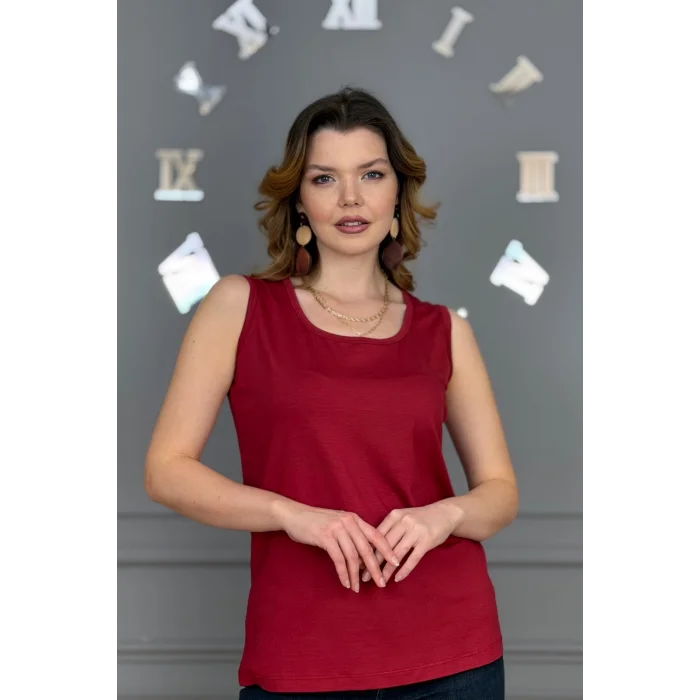Kadın BORDO U Yaka Kalın Askılı Likralı Pamuk Viskon Penye Bluz.