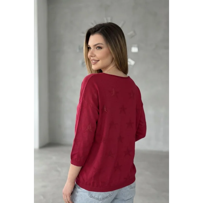 Kadın Fuşya Pembe Kayık Yaka Yıldız Ajurlu Likralı % 100 PAMUK İPLİK İnce Triko Bluz
