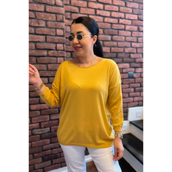 Kadın Sarı Kayık Yaka Likralı % 100 PAMUK İPLİK İnce Triko Bluz