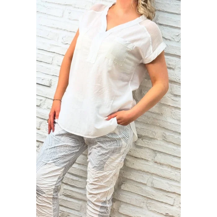 Kadın Beyaz Omzu Ve Cebi FİLE DETAYLI Yıkamalı Keten Kumaş Kısa Kol Buluz Gömlek