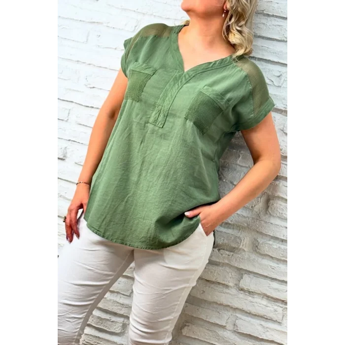 Kadın Yeşil Omzu Ve Cebi FİLE DETAYLI Yıkamalı Keten Kumaş Kısa Kol Buluz Gömlek