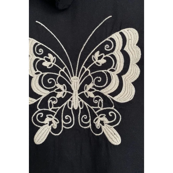 Kadın Siyah Büyük Beden Sırtı Kelebek Nakışlı Kol Katlamalı Pamuk Keten Kumaş Gömlek Ceket