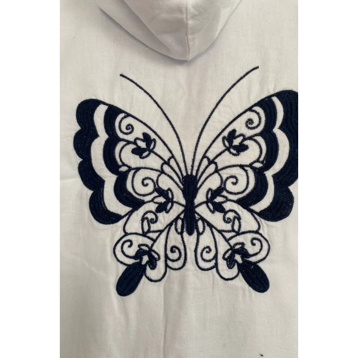 Kadın Beyaz Büyük Beden Sırtı Kelebek Nakışlı Kol Katlamalı Pamuk Keten Kumaş Gömlek Ceket