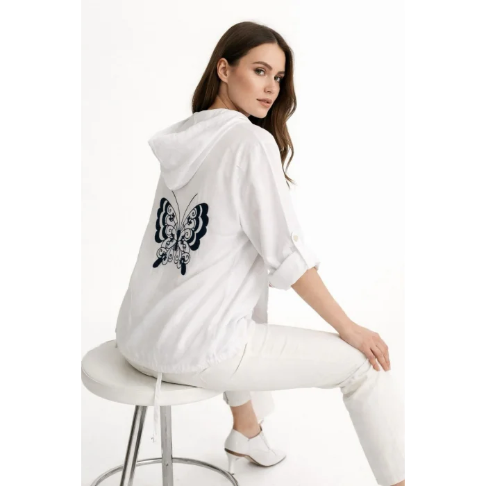 Kadın Beyaz Büyük Beden Sırtı Kelebek Nakışlı Kol Katlamalı Pamuk Keten Kumaş Gömlek Ceket
