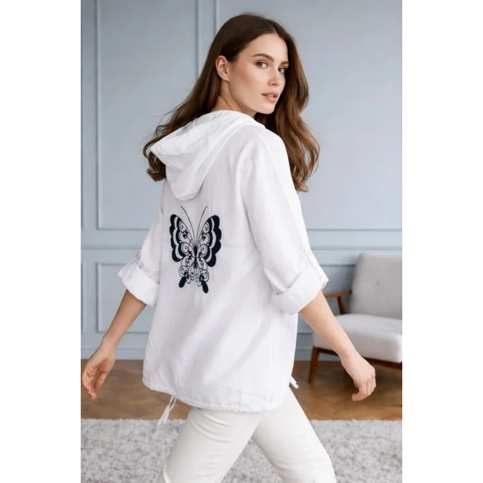 Kadın Beyaz Büyük Beden Sırtı Kelebek Nakışlı Kol Katlamalı Pamuk Keten Kumaş Gömlek Ceket