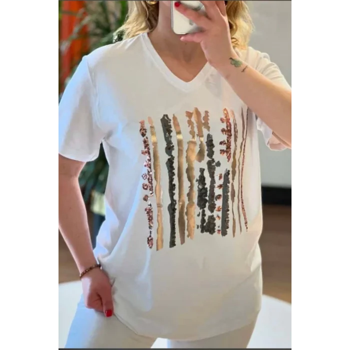 Kadın Beyaz V Yaka Önü Varaklı  Pul İşlemeli %100 PAMUK PENYE Penye  Bluz