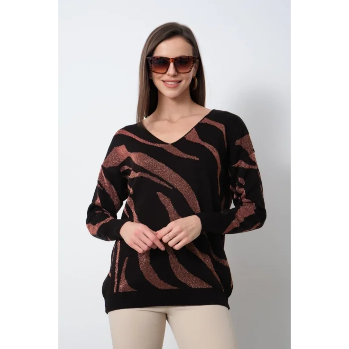 Kadın Kahve V Yaka Zebra Desen Yeni Sezon Komfort Model Likralı Tiriko