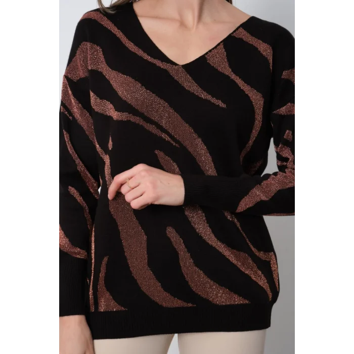 Kadın Kahve V Yaka Zebra Desen Yeni Sezon Komfort Model Likralı Tiriko