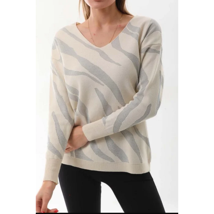 Kadın Beyaz V Yaka Zebra Desen Yeni Sezon Komfort Model Likralı Tiriko