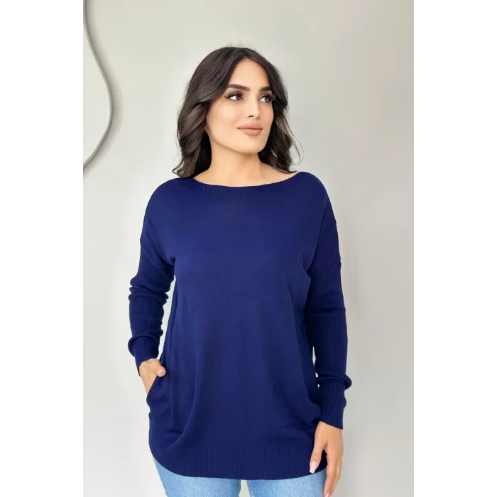 Kadın Lacivert Bisiklet Yaka Yandan Cepli Likralı Esnek Yumuşak Dokulu Triko Bluz