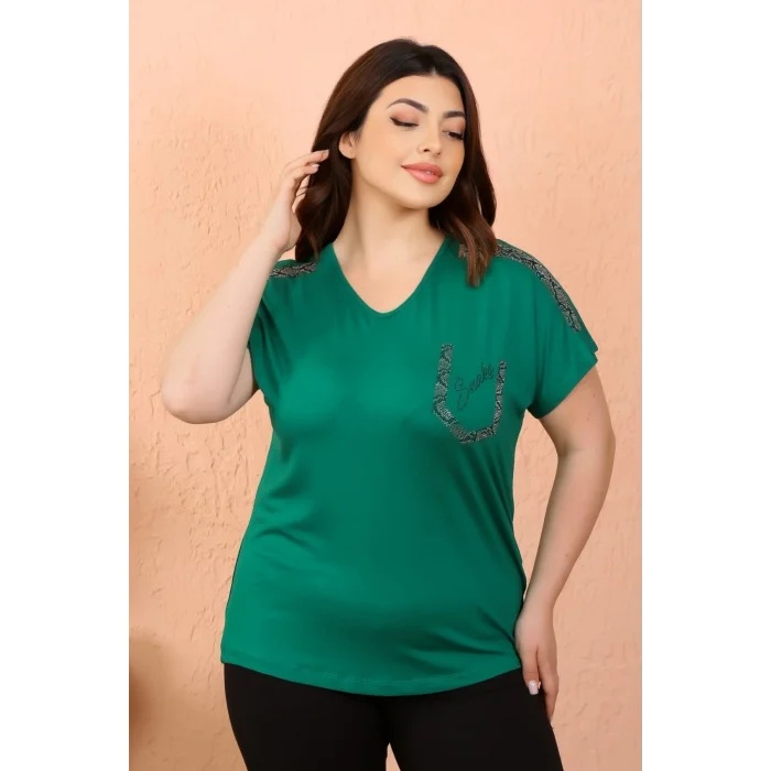 Kadın Büyük Beden Yeşil Omuz Kristal Taşlı Likralı Bluz