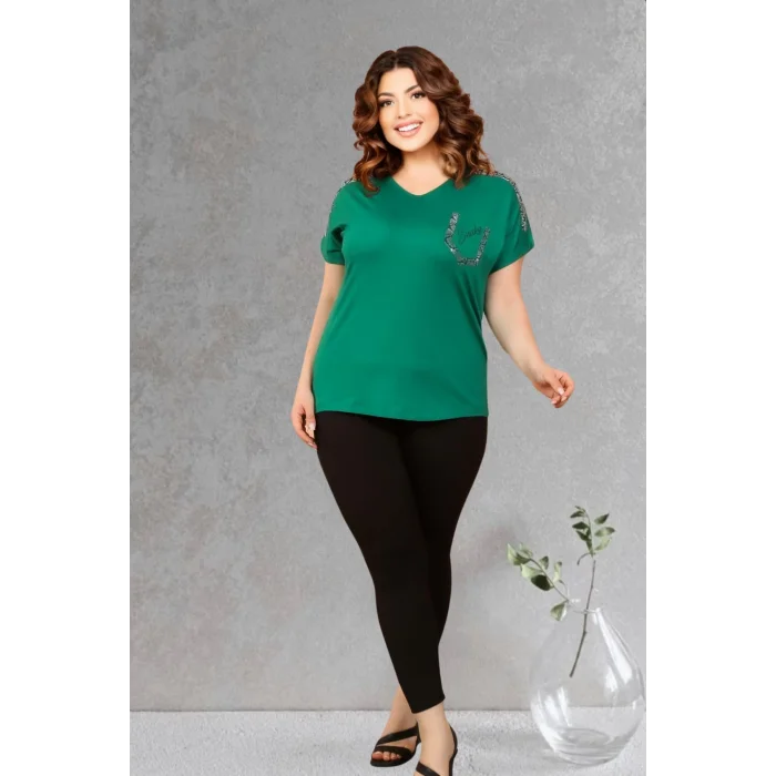 Kadın Büyük Beden Yeşil Omuz Kristal Taşlı Likralı Bluz