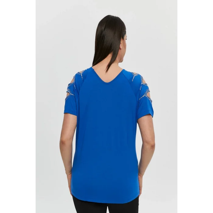 Kadın Büyük Beden Mavi ÖN ARKA V Yaka Omuz Dekolteli Pul İşlemeli Likralı Bluz
