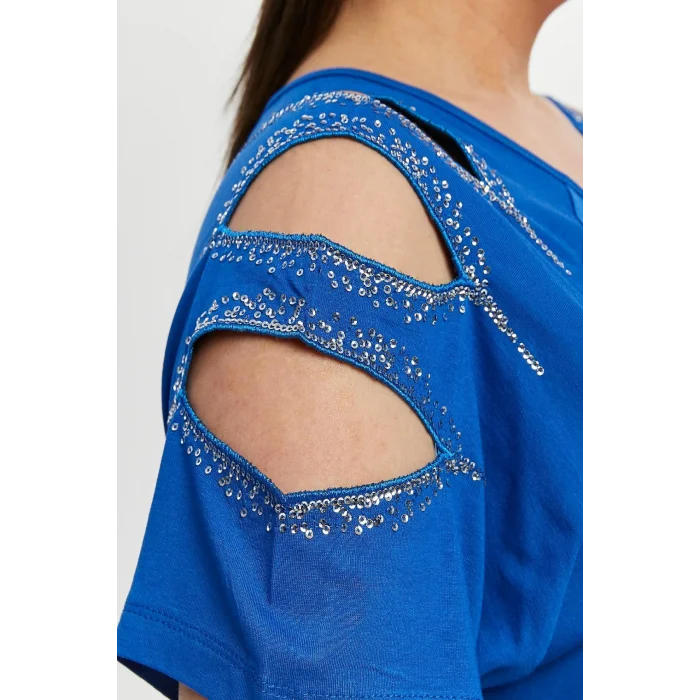 Kadın Büyük Beden Mavi ÖN ARKA V Yaka Omuz Dekolteli Pul İşlemeli Likralı Bluz