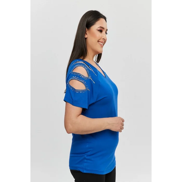 Kadın Büyük Beden Mavi ÖN ARKA V Yaka Omuz Dekolteli Pul İşlemeli Likralı Bluz