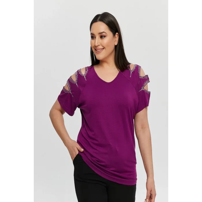 Kadın Büyük Beden Mürdüm ÖN ARKA V Yaka Omuz Dekolteli Pul İşlemeli Likralı Bluz