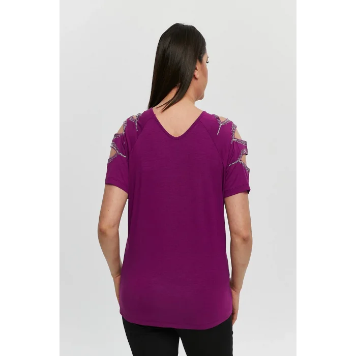 Kadın Büyük Beden Mürdüm ÖN ARKA V Yaka Omuz Dekolteli Pul İşlemeli Likralı Bluz