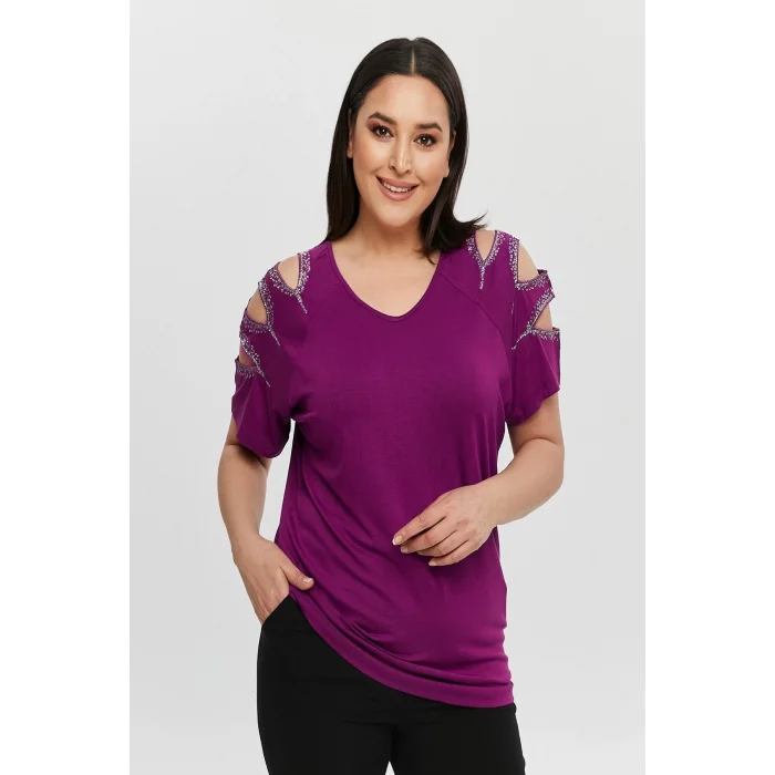 Kadın Büyük Beden Mürdüm ÖN ARKA V Yaka Omuz Dekolteli Pul İşlemeli Likralı Bluz