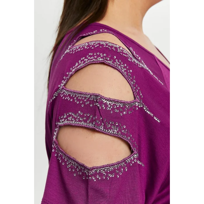 Kadın Büyük Beden Mürdüm ÖN ARKA V Yaka Omuz Dekolteli Pul İşlemeli Likralı Bluz