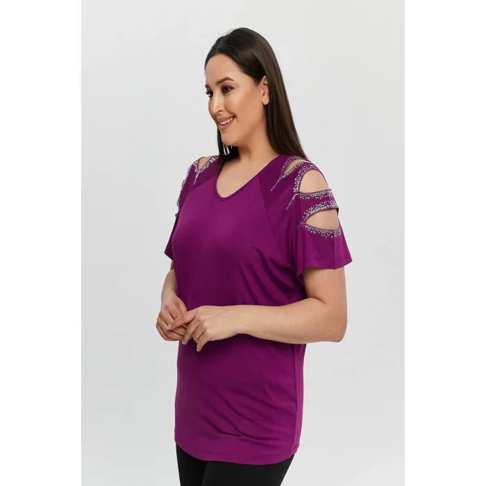 Kadın Büyük Beden Mürdüm ÖN ARKA V Yaka Omuz Dekolteli Pul İşlemeli Likralı Bluz
