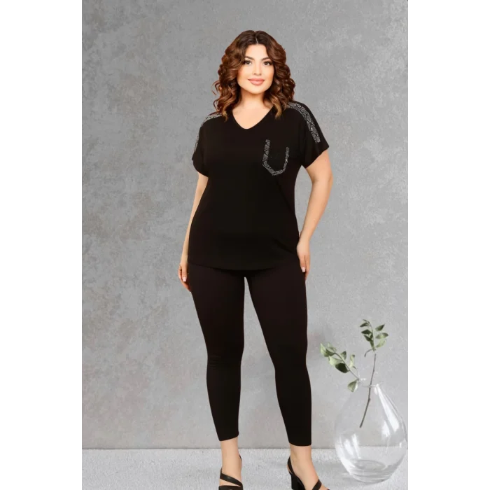 Kadın Büyük Beden Siyah Omuz Kristal Taşlı Likralı Bluz