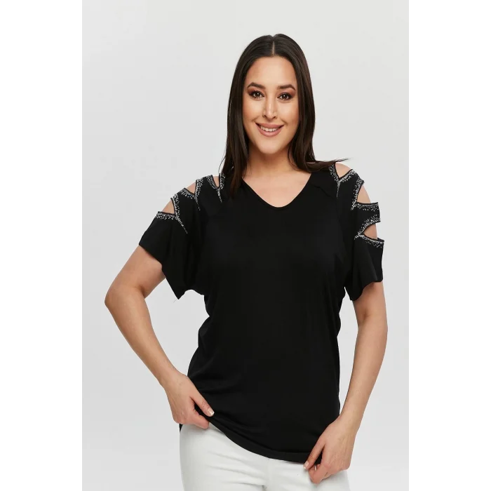 Kadın Büyük Beden Siyah ÖN ARKA V Yaka Omuz Dekolteli Pul İşlemeli Likralı Bluz