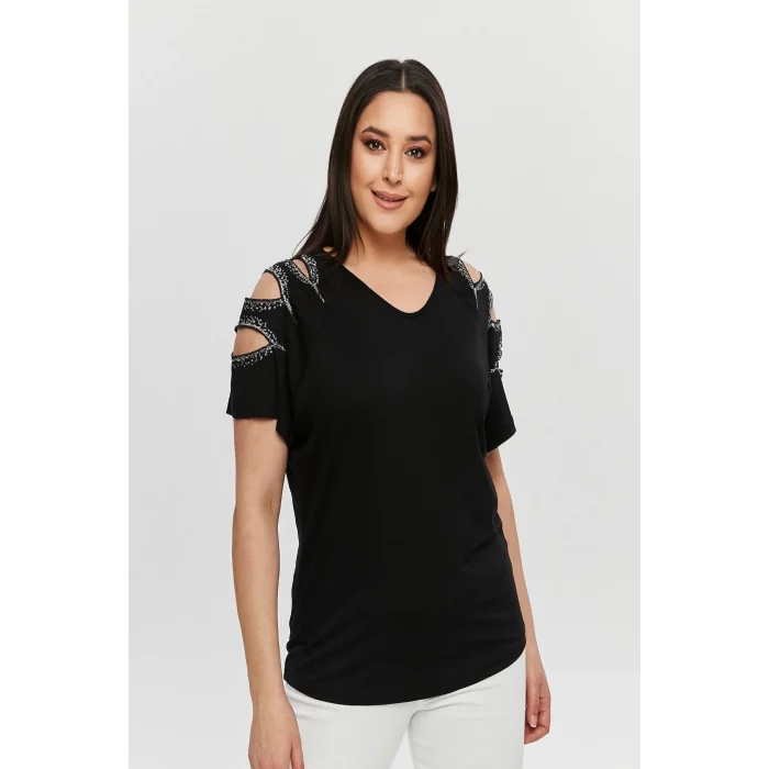 Kadın Büyük Beden Siyah ÖN ARKA V Yaka Omuz Dekolteli Pul İşlemeli Likralı Bluz