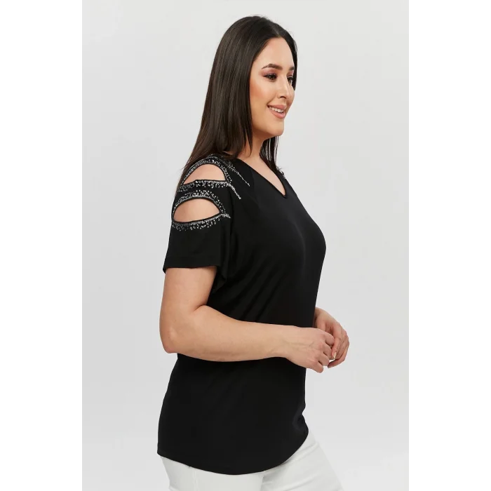 Kadın Büyük Beden Siyah ÖN ARKA V Yaka Omuz Dekolteli Pul İşlemeli Likralı Bluz