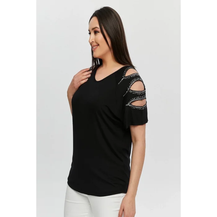 Kadın Büyük Beden Siyah ÖN ARKA V Yaka Omuz Dekolteli Pul İşlemeli Likralı Bluz