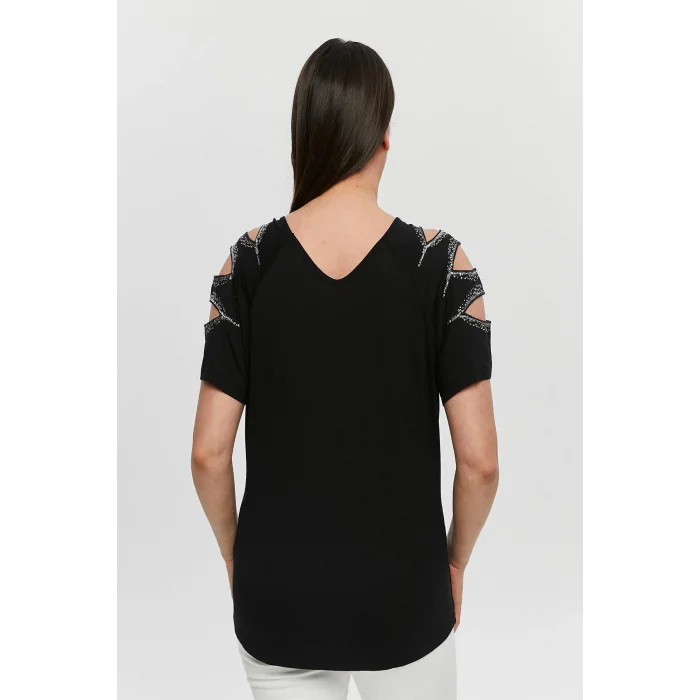Kadın Büyük Beden Siyah ÖN ARKA V Yaka Omuz Dekolteli Pul İşlemeli Likralı Bluz