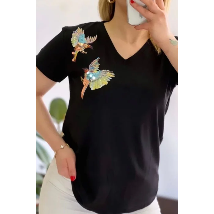 Kadın Büyük Beden Siyah V Yaka Omzu İki Kuşlu Likralı Pamuk Penye Bluz